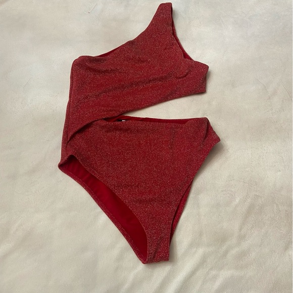 New! Beach Riot Red Metallic Celine One Shoulder One Piece Swimsuit 3623 - Picture 2 of 9